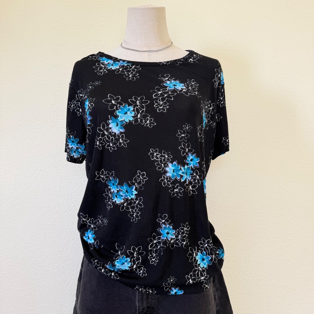 90s Girly grunge Slinky Black Blue Floral Short Sleeve Crew‎ Neck T-Shirt Top